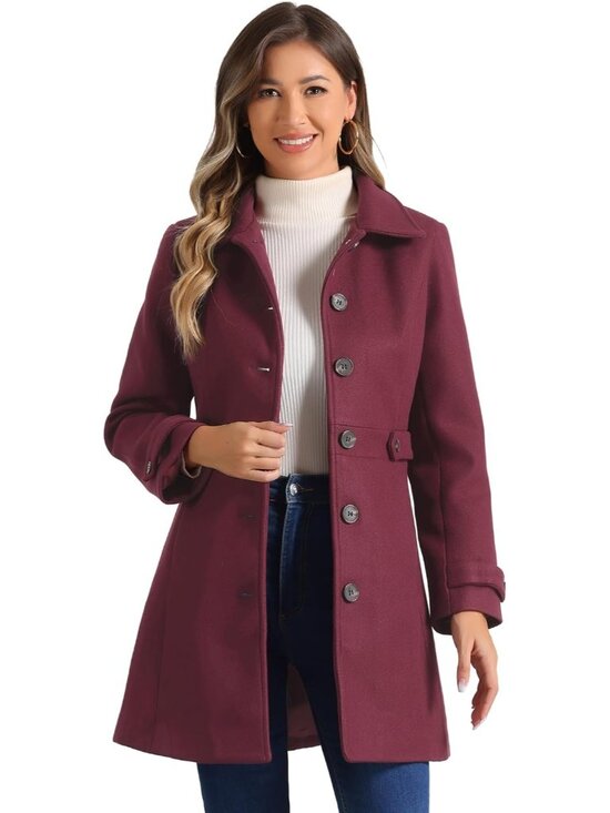 Jackets & Blazers - Women's Burgundy 100% Polyester Single Breasted Fully Lined Mid-Length Pea Coat